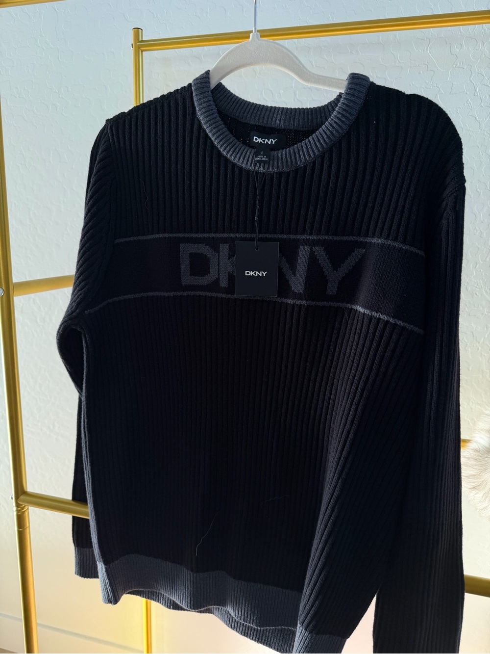 DKNY Black Ribbed Logo Crewneck Sweater with Tonal Trim